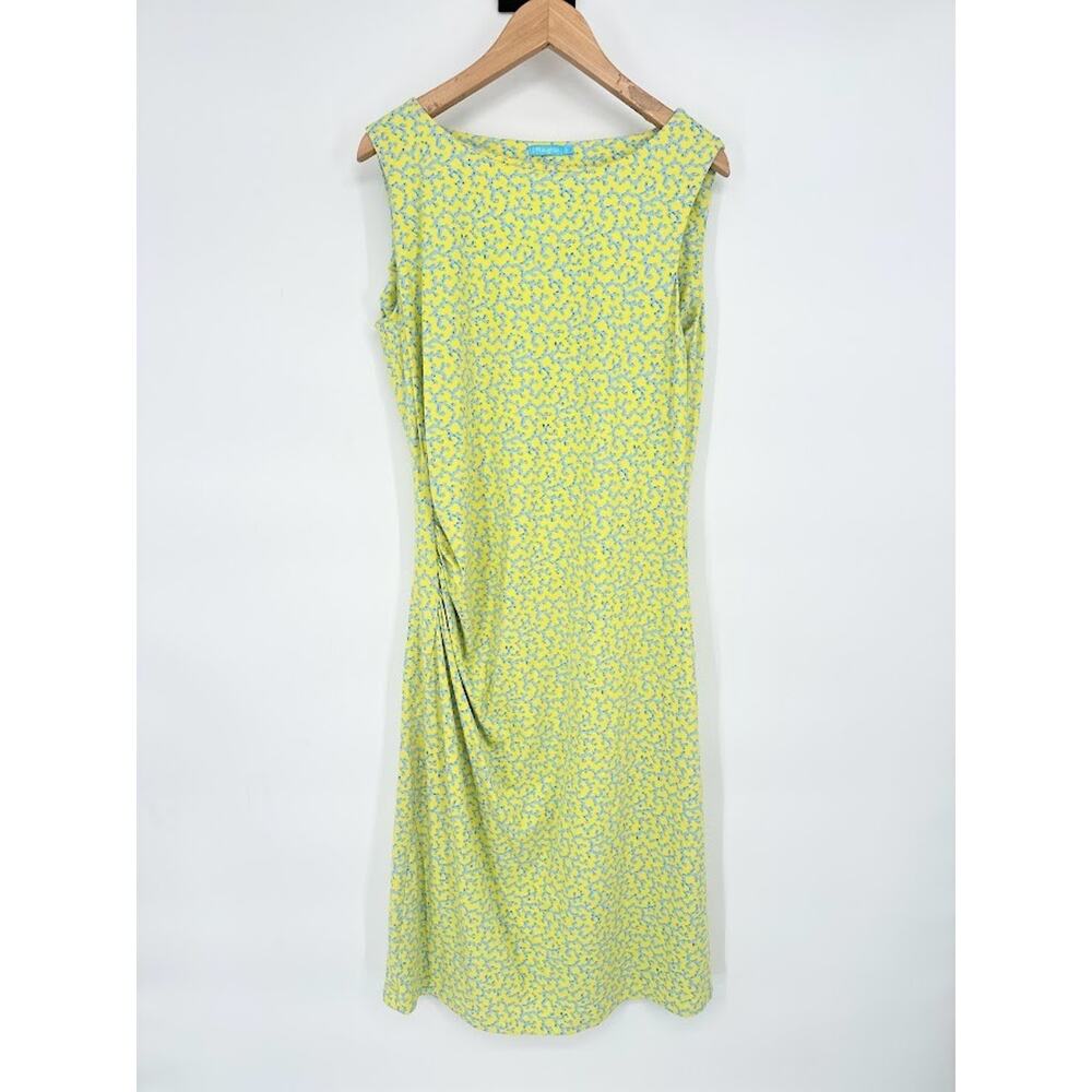 J. McLaughlin Catalina Cloth Ruched Side‎ Tank Sheath Dress Yellow Blue Coral S